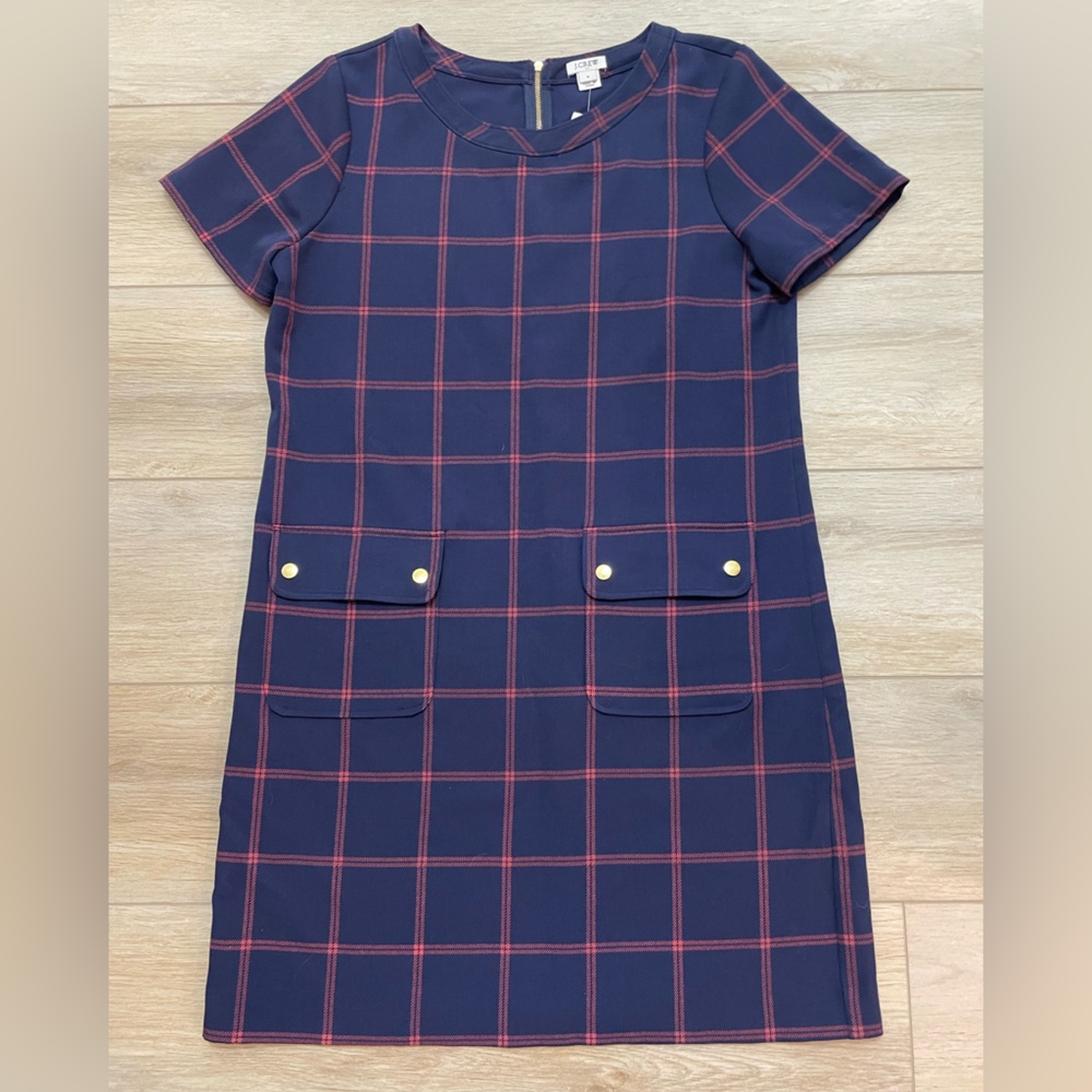 NEW J Crew Factory relaxed plaid printed navy short sleeve dress size 8 NWT